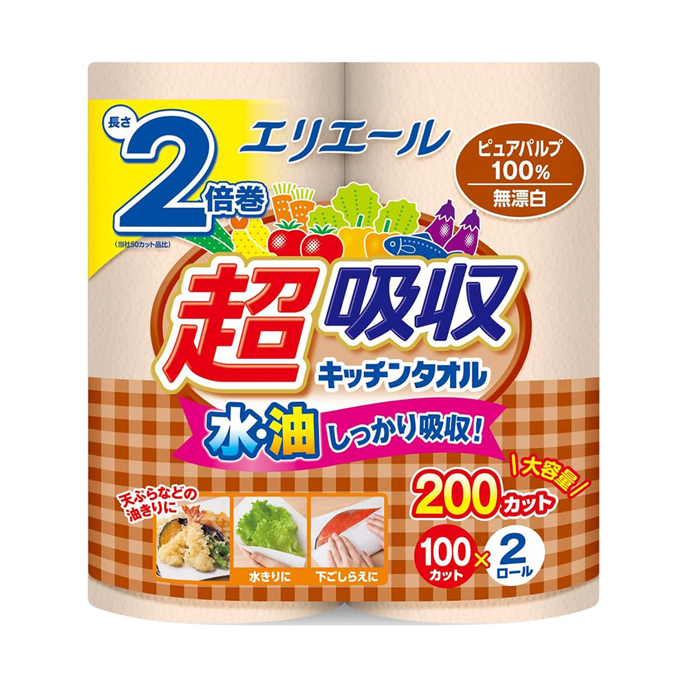 大王製紙elleair超吸收強韌捲筒廚房紙巾-無漂白(100抽/2入)